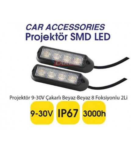 CARUB PROJEKTÖR 9-30V ÇAKARLI BEYAZ 8 FONKSİYONLU 2'Lİ KOD:3056355