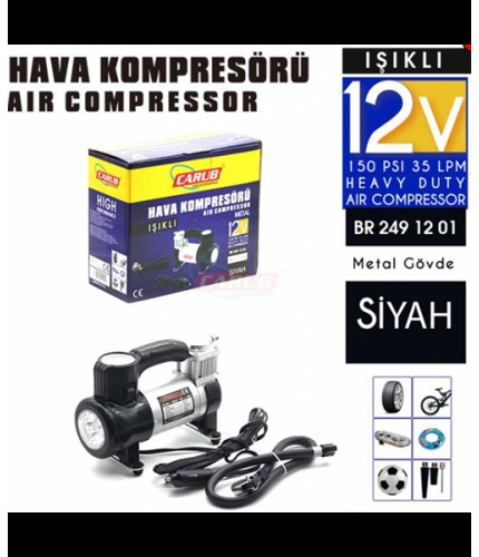 HAVA KOMPRESÖRÜ 12V METAL GÖVDE IŞIKLI ÇANTALI Sİ̇YAH KOD:2491201
