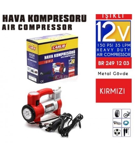HAVA KOMPRESÖRÜ 12V METAL GÖVDE IŞIKLI ÇANTALI KIRMIZI KOD:2491203