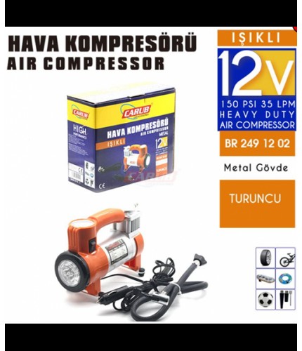 HAVA KOMPRESÖRÜ 12V METAL GÖVDE IŞIKLI ÇANTALI TURUNCU KOD:2491202