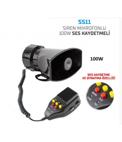 SİREN MİKROFONLU 12V 100W SES KAYDETMELİ KOD:SS11