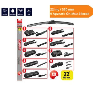 9 APARATLI ÖN MUZ SİLECEK 22 İNÇ/550 MM KOD:1353359